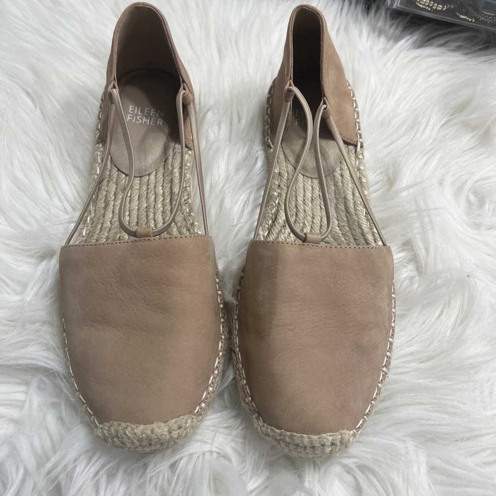 Eileen Fisher Lee Espadrille Flats Women’s 7.5 Nude Tan Leather Jute Beige
